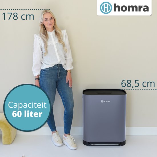 Homra Rockx Pedal Mülleimer 60 Liter - Duo Mülleimer 2X30L mit Geruchsfilter - Edelstahl Mülltrennung Mülleimer 2 Fächer - Recycling Mülleimer - Mülleimer Küchenabfalltrennung - Abfalleimer - Doppelmülleimer Grau
