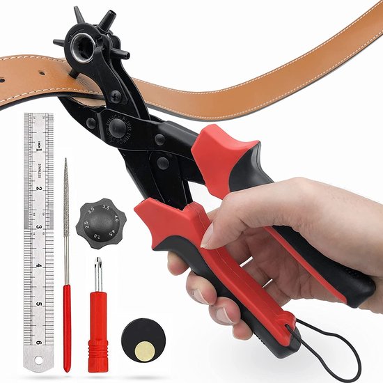SolidStock Lochzange für Gürtel - mit Messstab - Stanzzange - Revolverzange - Lochzange - Rot