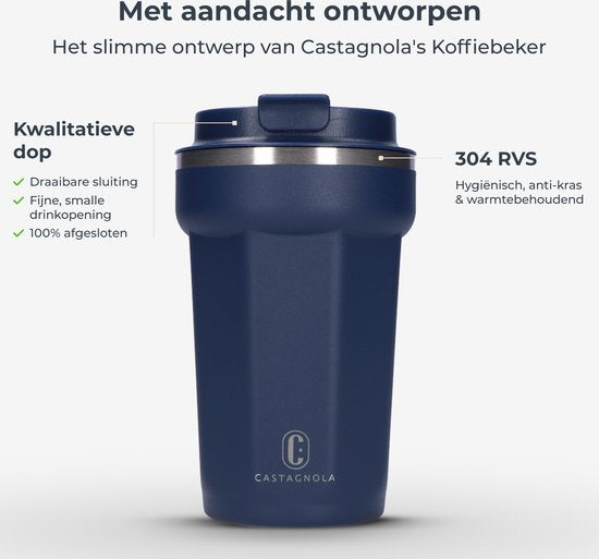 Castagnola Thermosbecher - Kaffeebecher To Go - Reisebecher für Kaffee und Tee - Teebecher - 380 ML - Edelstahl - Dunkelblau - Achteck