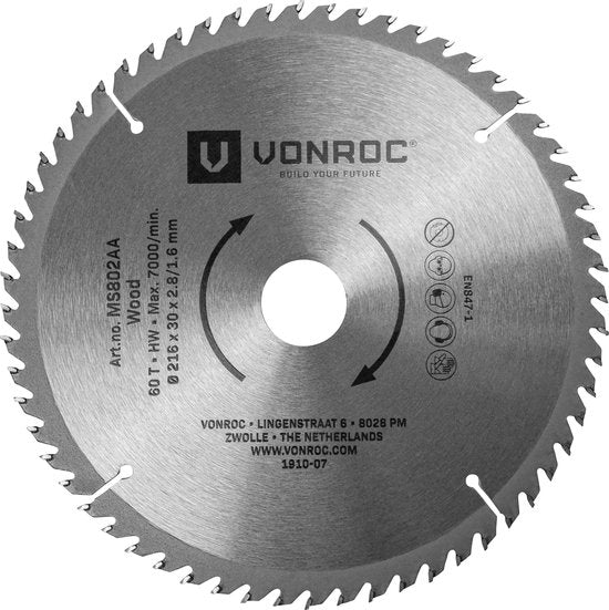 VONROC Sägeblatt - Ø216MM - 60 Zähne - für Holz - geeignet für Kapp- und Tischsägen