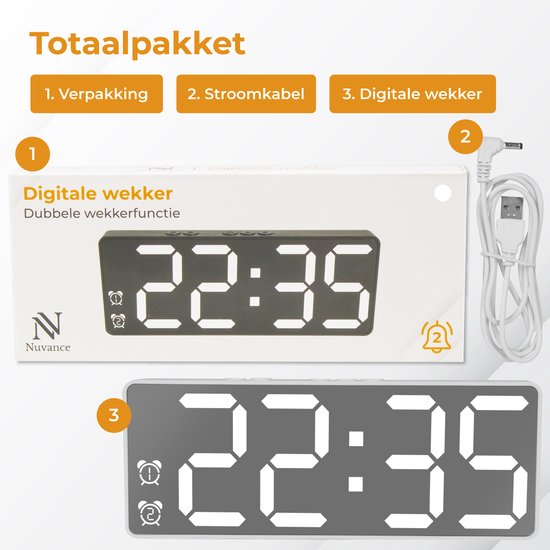 Nuvance - Digitaler Wecker - Digitaluhren - Wecker für Kinder & Erwachsene - Reisewecker - Schlafzimmer - Led-Wecker digital - Wecker - Weiß