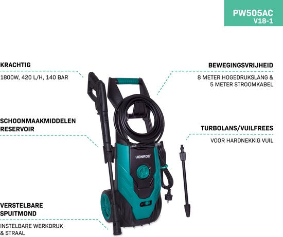 VONROC Hochdruckreiniger V18-1 1800W â€“ 140 bar â€“ 420 l/h â€“ inkl. 8m Schlauch, Reinigungsmitteltank und mehr