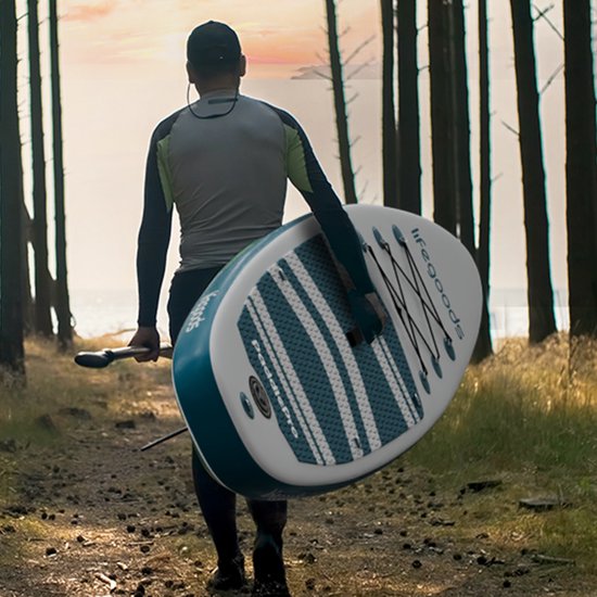 LifeGoods PaddlePro SUP Board - mit Sitz - Aufblasbares Paddle Board - Komplettset - Max. 135KG - 320x81cm - Weiß/Tief Aqua