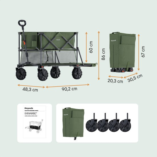 LifeGoods Double Wagon - Faltbarer Wagen - 200KG - 400L - Faltbar - Mit Schutzhülle - Grün