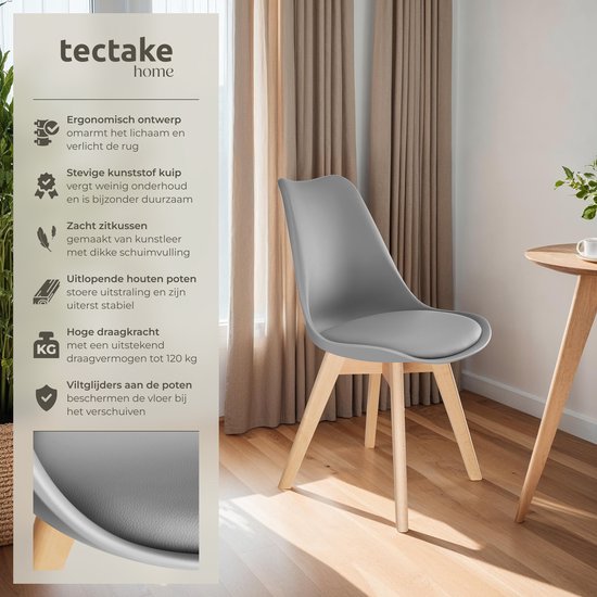 tectake® Esszimmerstuhl Frederikke – Set mit 6 Esszimmerstühlen mit gepolsterter Stoffsitzfläche – Beine aus Massivholz – Ergonomische Stühle, geeignet für Wohnzimmer, Esszimmer, Schlafzimmer und Küche – Belastbarkeit 120 kg – Grau