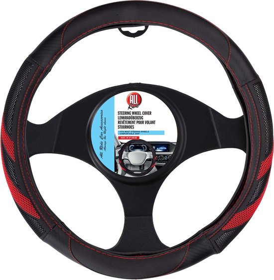 All Ride Lenkradabdeckung Auto 38CM - Geeignet für Lenkräder 37-39CM - Komfortabler Griff - Anti-Rutsch - Autodekoration - Synthetisches Leder - Schwarz/Rot