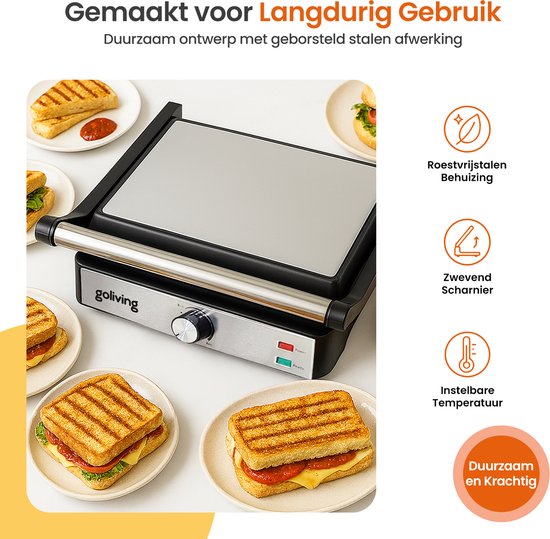 Goliving Toasti Machine XL - Kontaktgrill - Toasti Eisen - 29 x 23 cm - Panini Grill - Kompakt - Einstellbare Temperatur - Schwarz
