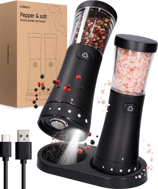 Deleca Elektrisches Pfeffer- und Salzmühlenset Gustaro - 130ml Speicherkapazität - Luxuriöses Salz- und Pfeffermühlenset - Einstellbares Mahlen - USB Wiederaufladbar / Schwarz