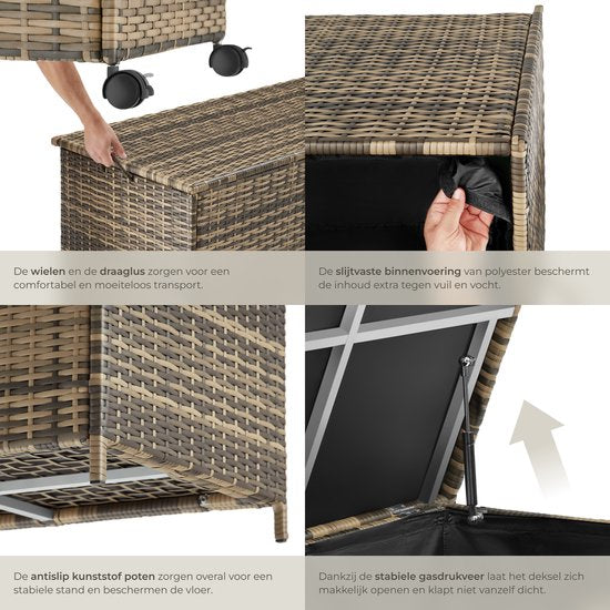 tectake® Wicker Aufbewahrungsbox – 253 l – Kissenbox für den Außenbereich – Gartenbox – 116 x 54 x 64 cm - Wetterfest und mit Deckel verschließbar – Rollbar – Inklusive 2 Griffen, 2 Rädern mit Bremse und Gasfedern – Gartenkiste – Beige