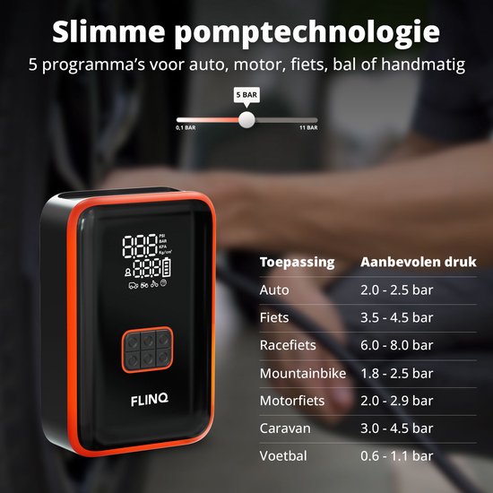 FlinQ 12V Starthilfe für Auto & Motorrad - 4-in-1 Luftkompressor, LED-Taschenlampe, SOS-Notleuchte & Powerbank - Elektrische Reifenpumpe - Starthilfe - inkl. Aufbewahrungstasche