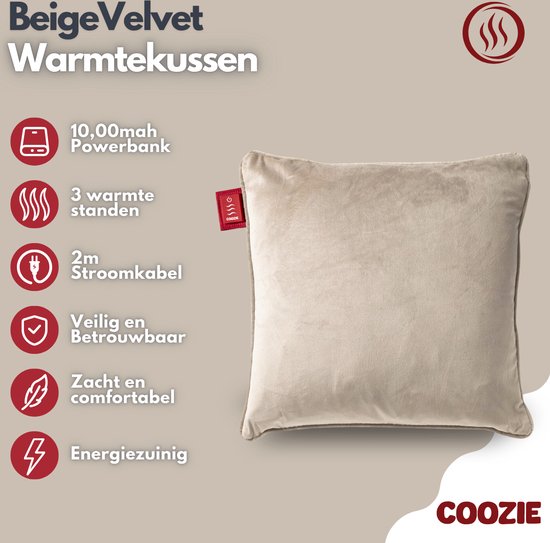 Coozie Heat Pillow Beige Velvet - Elektrisch wiederaufladbar - Kabelloses Wärmekissen - 45 x 45 cm