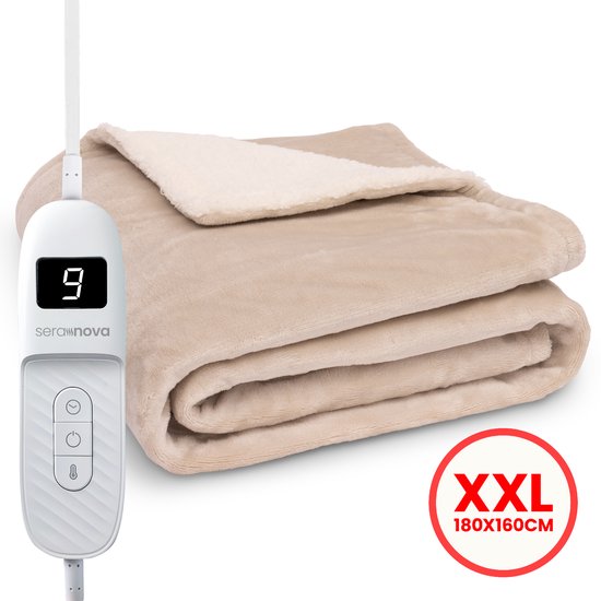 Seranova Heizdecke XXL - 180x160 cm - 2 Personen Heizdecke - Wärmedecke - Doppelseitiges Fleece Sherpa - Creme beige