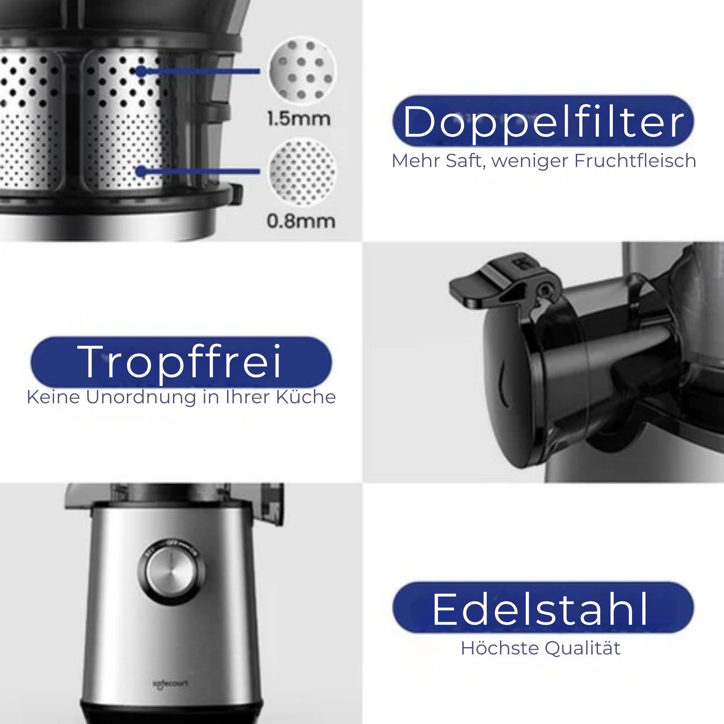 Safecourt Kitchen Entsafter - Für Obst & Gemüse - XXL Einfüllöffnung - Leistungsstarker 200W Motor