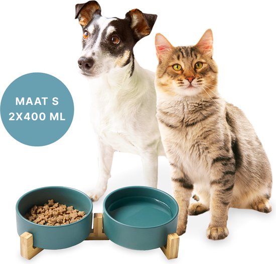 Fressnapf Katze und Hund Keramik - Fressnäpfe doppelt mit Ständer - Trinknapf - 2x 400 mL - Grün Matt