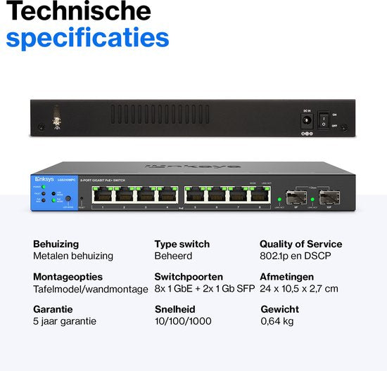 Linksys LGS310MPC - Netzwerk-Switch - Gigabit - Managed - 8 Ports - PoE+ - Schwarz