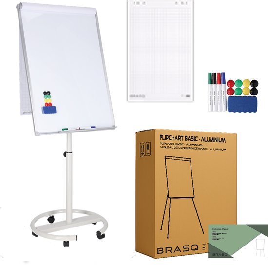 BRASQ Flipchart Mobile Deluxe - 70x100 cm - Verstellbares Whiteboard - Inklusive 25 Blatt Papier und Zubehör - mit ausziehbaren Armen - Magnettafel mit Haken - Magnettafel - Weiß