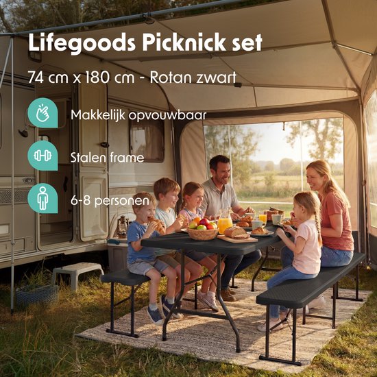 LifeGoods Faltbares Picknick-Set - 180cm x 74cm - Gartentisch mit 2 Bänken - Wetterfest - Campingtisch - Biertisch faltbar - Für Innen und Außen - Für 6 bis 8 Personen - Rattan Schwarz