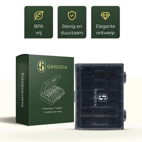 Gandria Pillenbox 7 Tage - Herausnehmbare Pillenbox - Medizinbox mit 21 Fächern - Medizinbox mit stabilem Verschluss - 3 Fächer pro Tag - Schwarz