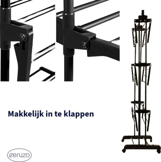 Wäscheständer zusammenklappbar - 75x64x178 cm - Wäscheturm - Trockenturm mit Rädern - Schwarz