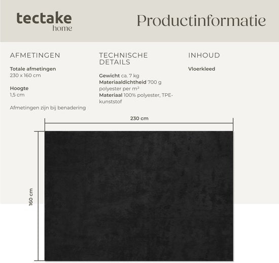 tectake® Kurzflorteppich - 160 x 230 cm - Schwarz - 1630 g/m² Florgewicht - Teppich für Wohnzimmer, Schlafzimmer, Esszimmer - Pflegeleicht und waschbar - Anti-Rutsch-Unterlage - Allergikerfreundlich - Verschiedene Größen und Farben
