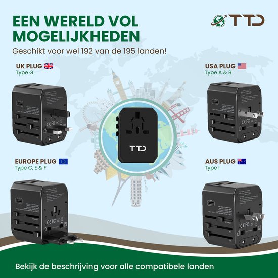 TTD® World Universal Plug - Reisestecker Typ A B C E F G I mit USB-C und 4x USB-A Schnellladung - Geeignet u.a. für Amerika, Australien, England und Japan - Reiseadapter - Reiseadapter