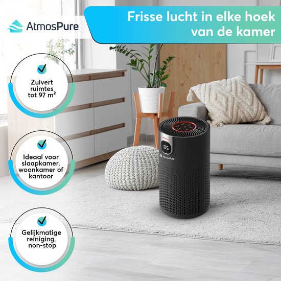 AtmosPure® CleanAir Luftreiniger - Luftreiniger mit austauschbarem HEPA 13 + Kohlefilter - CADR 250 m³/h - Schwarz - Für 98 m² - Wirkt gegen Staubmilben, Heuschnupfen, Allergien, -3 Modi + stiller Schlafmodus - Luftqualitätssensor