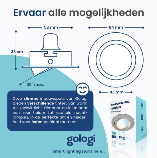 Gologi Smart Einbaustrahler - Smart LED Downlight Dimmbar - Neigbar - Warmweißes Licht - Gu10 LED Lampe - Weiß
