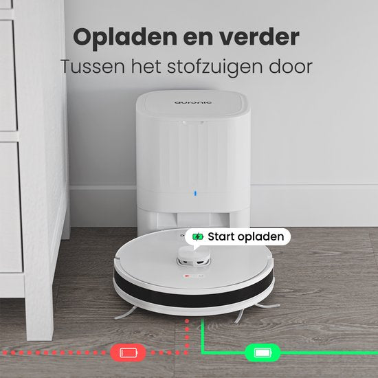 Auronic Staubsaugerroboter - Mit Wischfunktion - WiFi und App - Ladestation - Haustiere - Wischroboter - Lasernavigation - Automatische Entleerungsstation - Weiß
