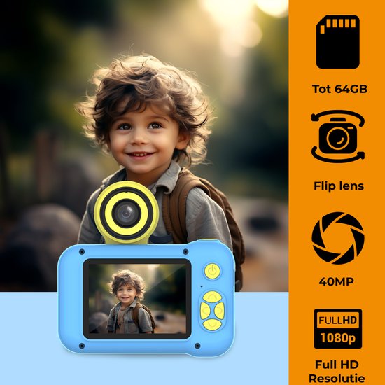 Denver Kinderkamera Full HD - Flip-Objektiv für Selfies - 40MP - Digitalkamera Kinder - Foto und Video - Spiele - KCA1351 - Blau
