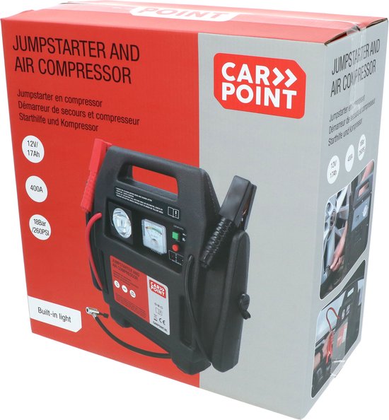 Carpoint Jumpstarter - 12 Volt - Mit Luftkompressor - Spitzenleistung 400A - Aufladen mit 230 Volt oder 12 Volt Adapter - Maximaler Kompressordruck 18 BAR/260 PSI - Eingebaute LED Beleuchtung - Abmessungen 365x345x175mm
