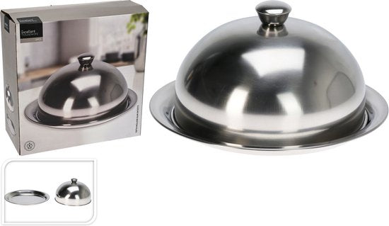 Excellent Houseware Servierschale Glocke mit Tablett - silber - Edelstahl - D25 x H12 cm - Servieren von Speisen - mit Deckel