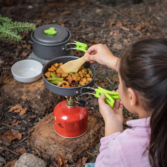 Travelhawk Camping Kochgeschirr - Pfannenset - Aluminium - 8-teilig - Camping Pfannenset - Inklusive Schwamm, Spatel, Löffel, Schüsseln und praktischer Tragetasche