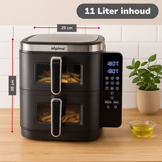 alpina Airfryer XXL - Doppel-Luftfritteuse 11L - Heißluftfritteuse 2 Körbe - Doppelt gestapelt für 8 Personen - Klappbares Display - Timerfunktion bis zu 60 Minuten - Temperatur 60-200°C - Schwarz