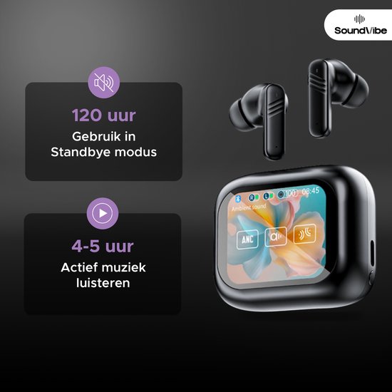 SoundVibe® - Kabellose Ohrhörer mit Geräuschunterdrückung - Schwarz - Bluetooth-Ohrhörer - Kopfhörer mit Geräuschunterdrückung - LX-10 Earpods mit Bildschirm - Funktioniert mit Apple und Android - Earpods USB C - Kabellose Ohrhörer - Drahtlose Ohrhörer