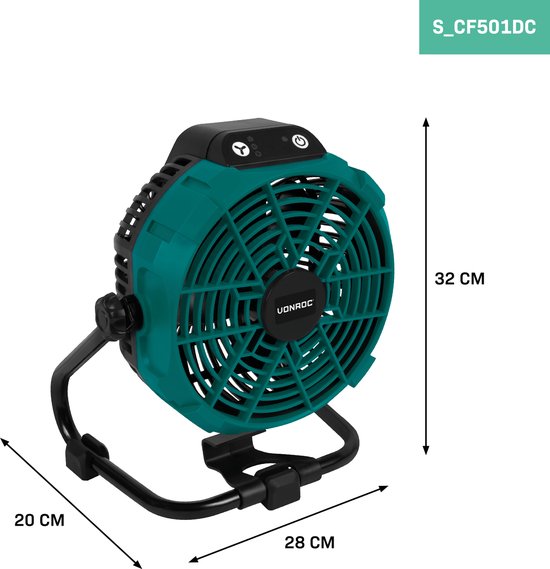 VONROC Ventilator 20V - für kabellosen und kabelgebundenen Einsatz - Inkl. Netzadapter - Inkl. 20V - 2.0Ah Akku und Schnellladegerät