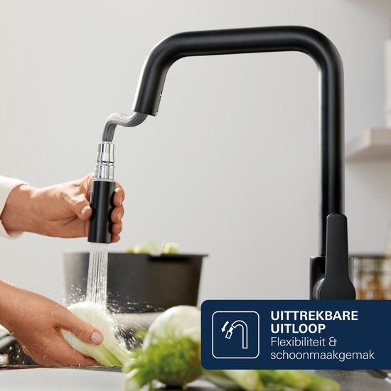 GROHE Start Edge Einhebel-Küchenarmatur mit ausziehbarem Auslauf – Hoher C-förmiger Auslauf – 360° Schwenkbereich – Mattschwarz – Einfache Montage mit QuickMount