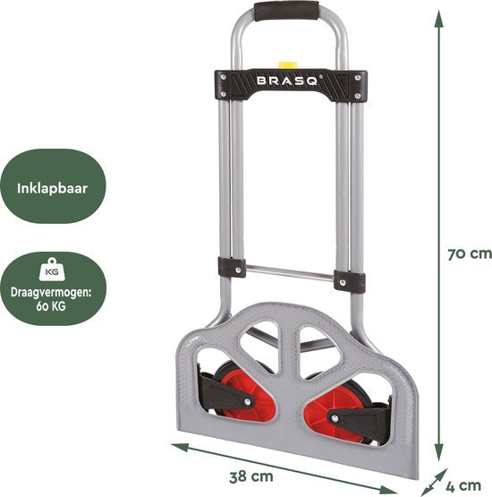BRASQ Zusammenklappbarer Trolley inkl. Gepäcknadel - 60 KG Kapazität - Transportwagen - Plattformwagen - Stahlwagen