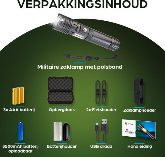 Exortus® Wiederaufladbare LED-Taschenlampe – 5000 Lumen – Langlebig und wasserdicht – 26650-Akku – COB-Beleuchtung – Aufbewahrungsbox – Holster