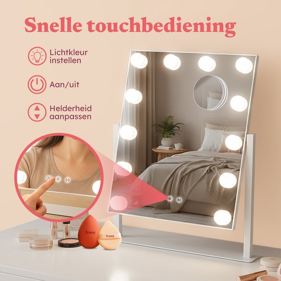 Fraay® Hollywood Spiegel mit Beleuchtung 41x30cm - 3 Lichtstufen - Schminkspiegel mit 10-facher Vergrößerung - LED-Beleuchtung dimmbar - inkl. Beauty Blender und Puderquaste