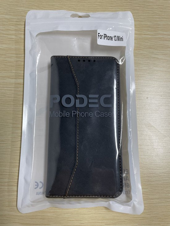 Podec Case mit Kartenhalter geeignet für iPhone 13 Mini Schwarzes Handy Case - Anti-Shock Bookcase Cover mit 1x Displayschutzfolie - Wallet Case
