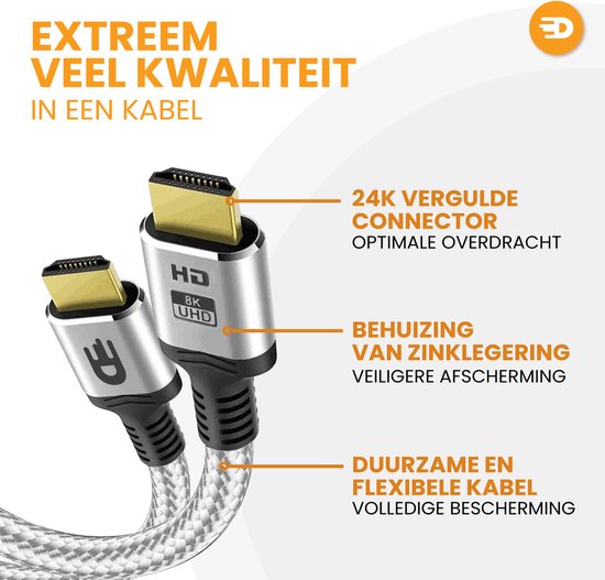 HDMI-Kabel 2.1 - Ultra HD High Speed - HDMI zu HDMI - Geeignet für Xbox Series X & PS5 - 1 Meter - Nylon - Silberweiß