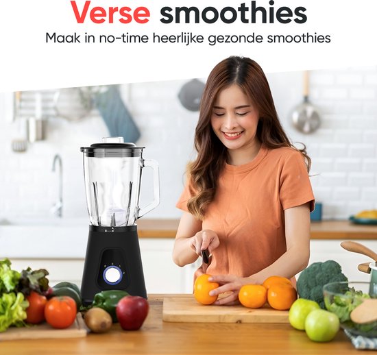 Kitchenwell Mixer - Leistungsstarker 1300 Watt Smoothie Mixer - 1,5 Liter - Glaskrug - 3 Ständer - Inklusive Sportbecher - Edelstahl/Schwarz