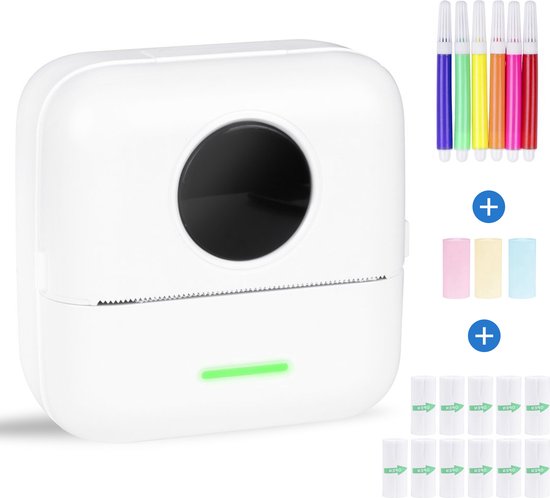 Mini-Drucker für das Handy - inkl. 6 Papierrollen, 5 Aufkleberrollen, 3 Farbrollen und Farbstiften - mobiler Taschendrucker - ohne Tinte - kabellos - weiß