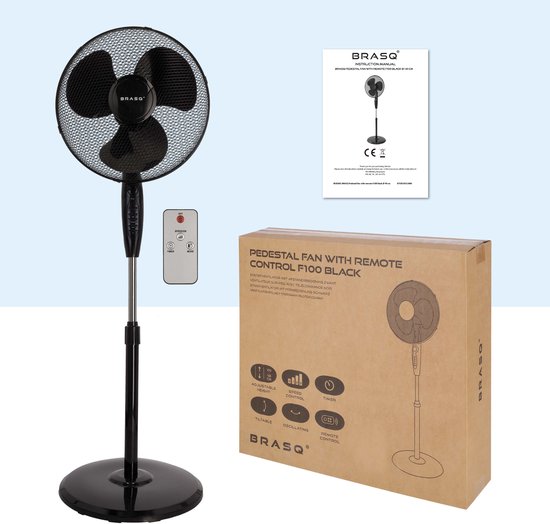 BRASQ Stativventilator - 40 cm - Schwarz - Mit Fernbedienung - Timer - Schlafmodus - Höhenverstellbar - Leiser Ventilator - 40 Watt
