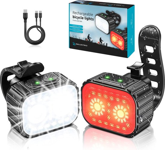 Inlustro Fahrradlicht-Set - Front-/Rücklicht - LED-Fahrradlicht rot und weiß - Fahrradlicht-Scheinwerfer - wasserdicht - USB wiederaufladbar