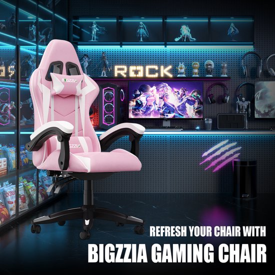 Bigzzia Gaming-Stuhl – Ergonomischer Bürostuhl aus PU-Leder – Höhenverstellbar – Mit Lendenkissen und Kopfstütze – Bequemer Gaming-Stuhl für Erwachsene – Für Mädchen und Jungen