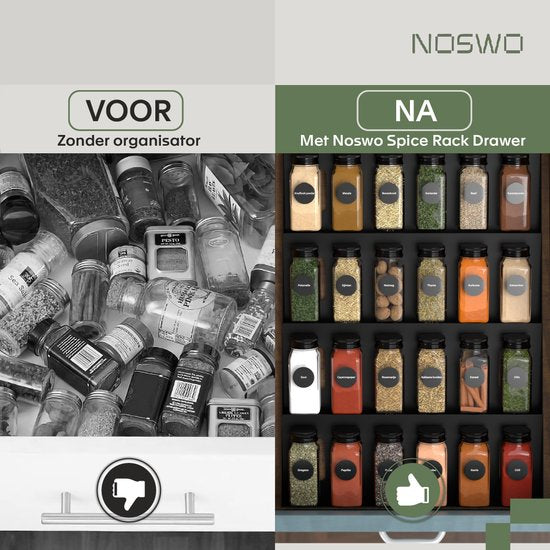 Noswo Gewürzregal Schublade - 4 Schichten - für 24 Gewürzdosen - Edelstahl - Gewürzorganisation - Küchenschubladenorganisation