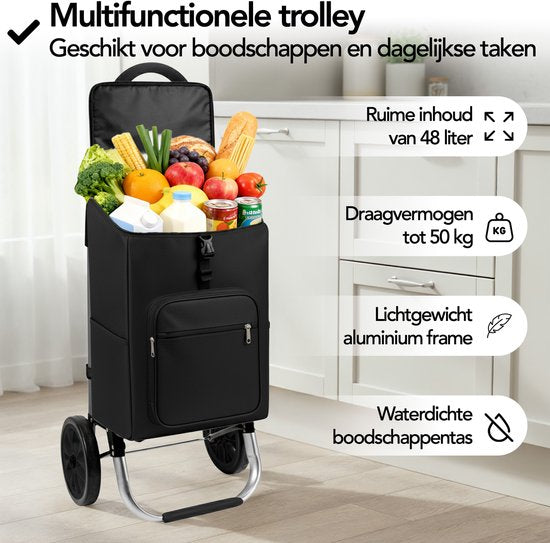 Brixy Einkaufswagen - Zusammenklappbar - Mit Rädern - Abnehmbare Einkaufstasche - Einkaufswagen - Schwarz