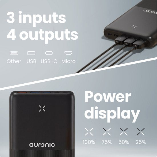 Auronic Powerbank 30.000 mAh - 22,5W Schnellladegerät über USB-C, USB-A, Micro-USB - Inklusive Kabel - Universal - Schnellladung - Notfallpaket - Schwarz