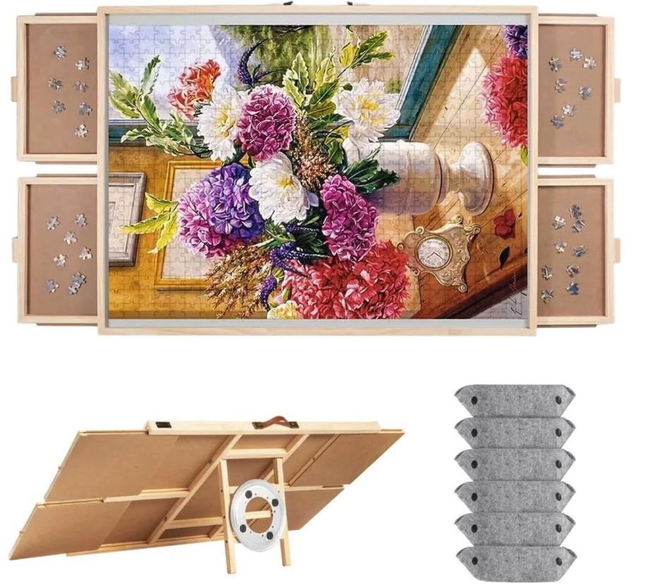 DIYDash Drehbarer Puzzletisch mit Aufbewahrungssystem - 1500 Teile - 4 Schubladen - Kiefernholz